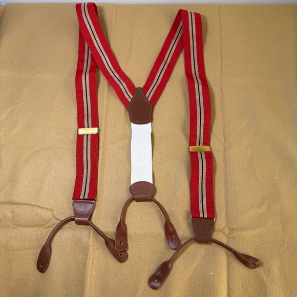 Vintage Dooney & Bourke Red Striped Suspenders Leather Button Loop Braces - Picture 2 of 3